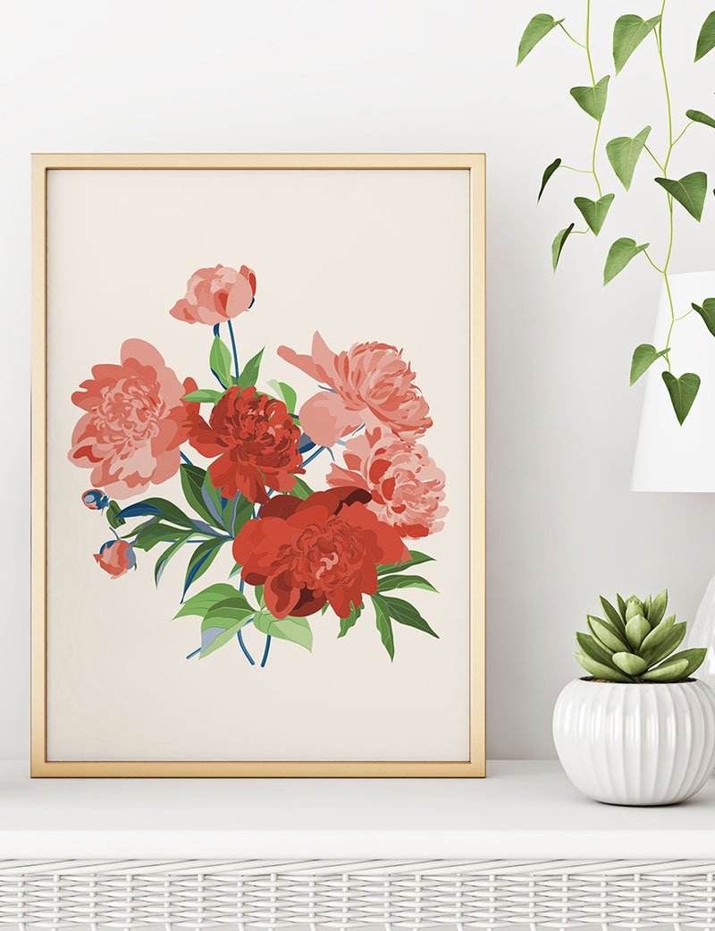 Romantic Pink & Red Peony Bouquet Art Print