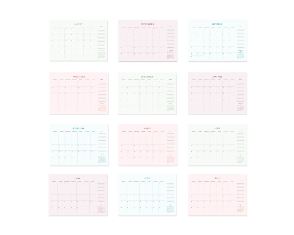 20232024 Minimal Colourful MidYear Wall Calendar, Monday Start, A4